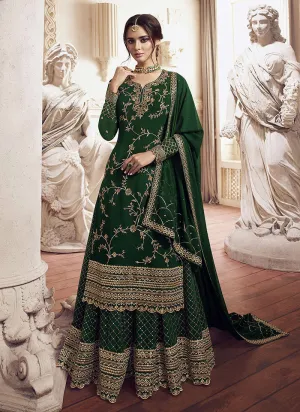 Dark Green Golden Embroidered Gharara Suit