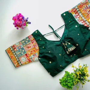 Dark Green Golden Embroidered Seoul Silk Blouse with Sequins