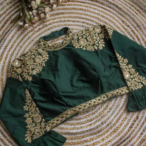 Dark Green Golden Sequence Embroidered Blouse in glossy silk