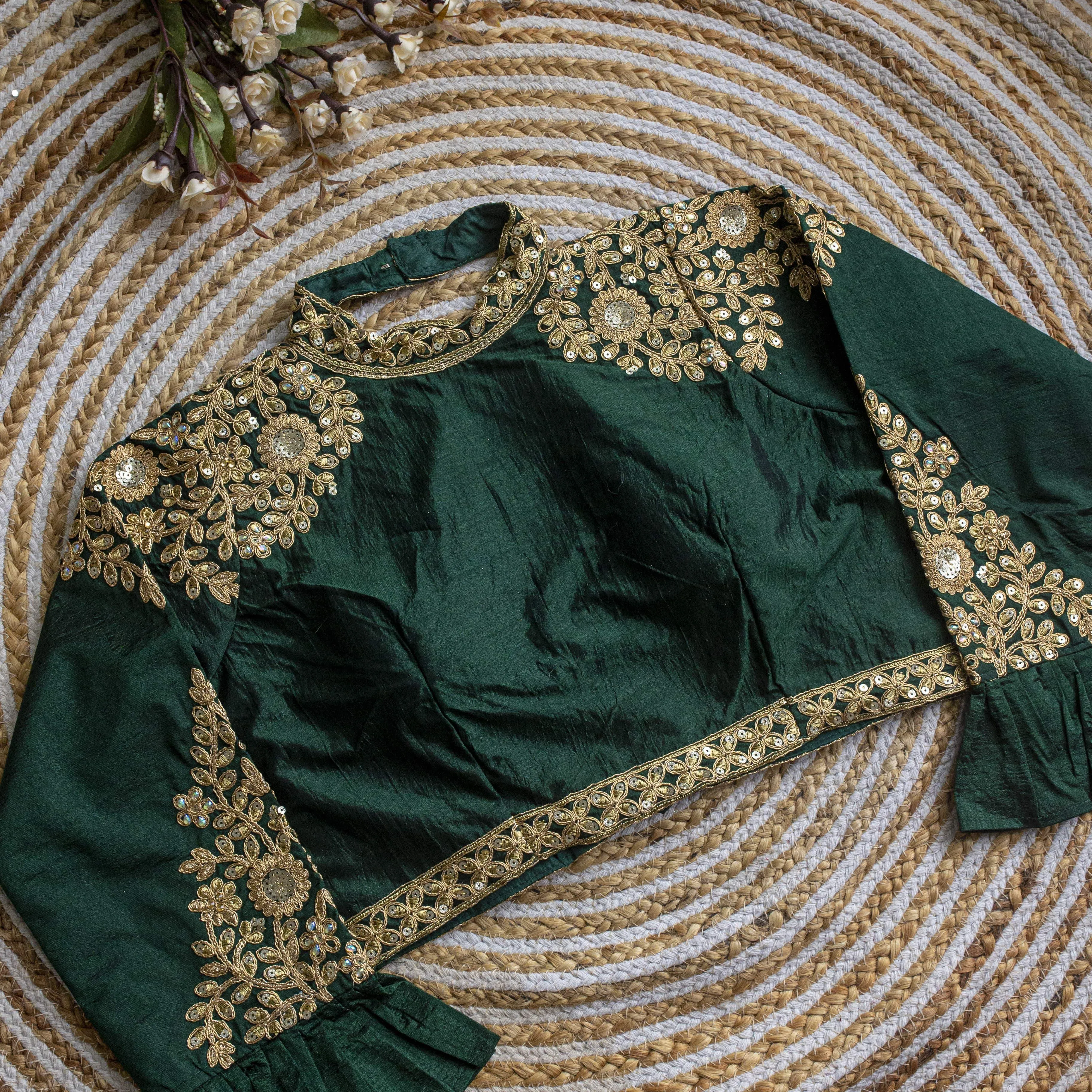 Dark Green Golden Sequence Embroidered Blouse in glossy silk