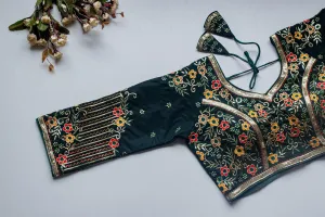 Dark Green Handcrafted Sequined Blouse in Khushi Silk