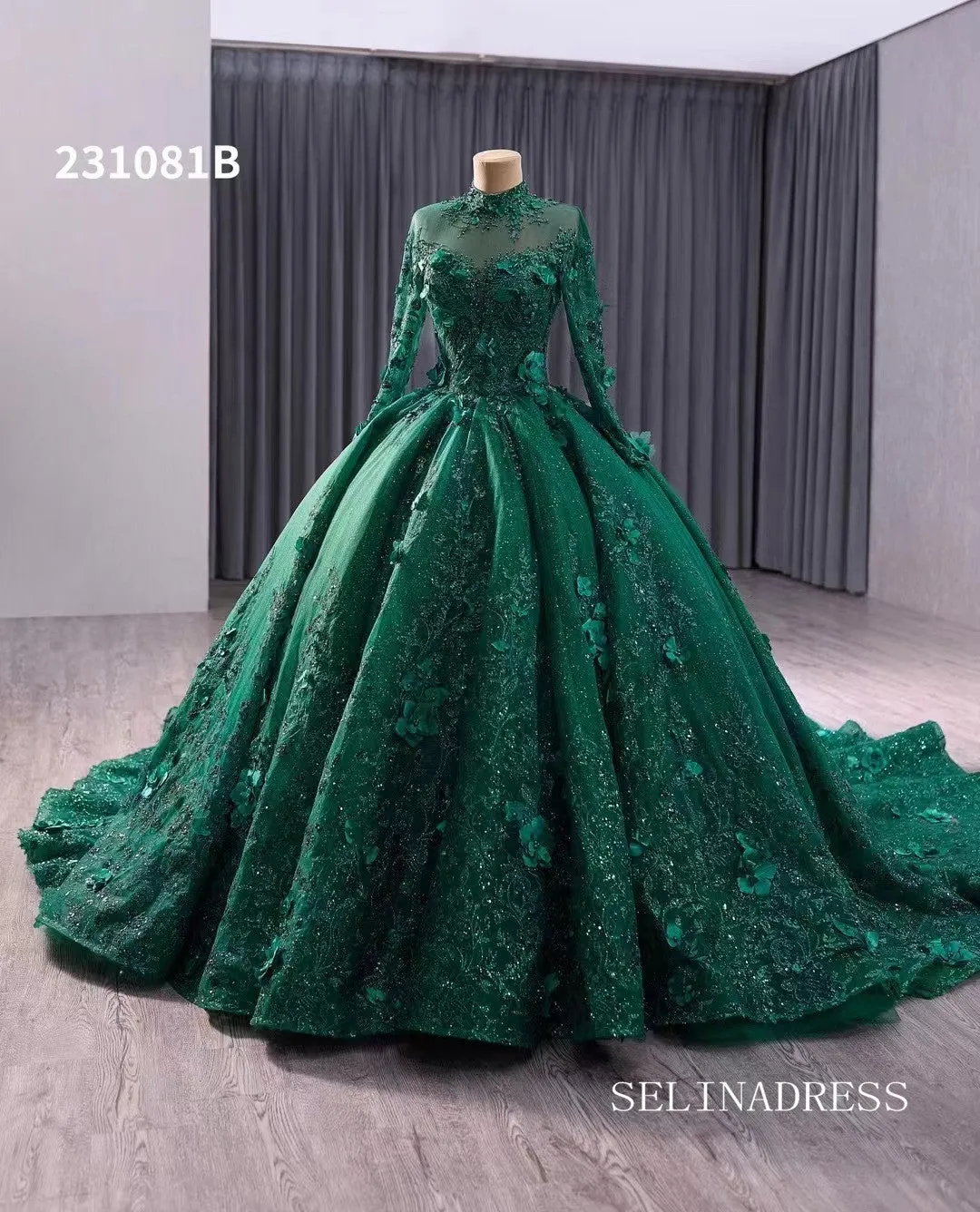 Dark Green High Neck Sparkly Tulle 3D Floral Lace Wedding Dresses Long Sleeve Quinceanera Dress 231081B