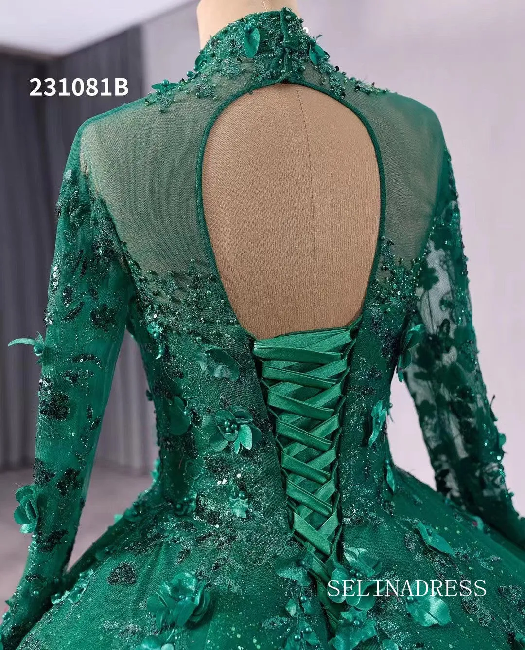 Dark Green High Neck Sparkly Tulle 3D Floral Lace Wedding Dresses Long Sleeve Quinceanera Dress 231081B