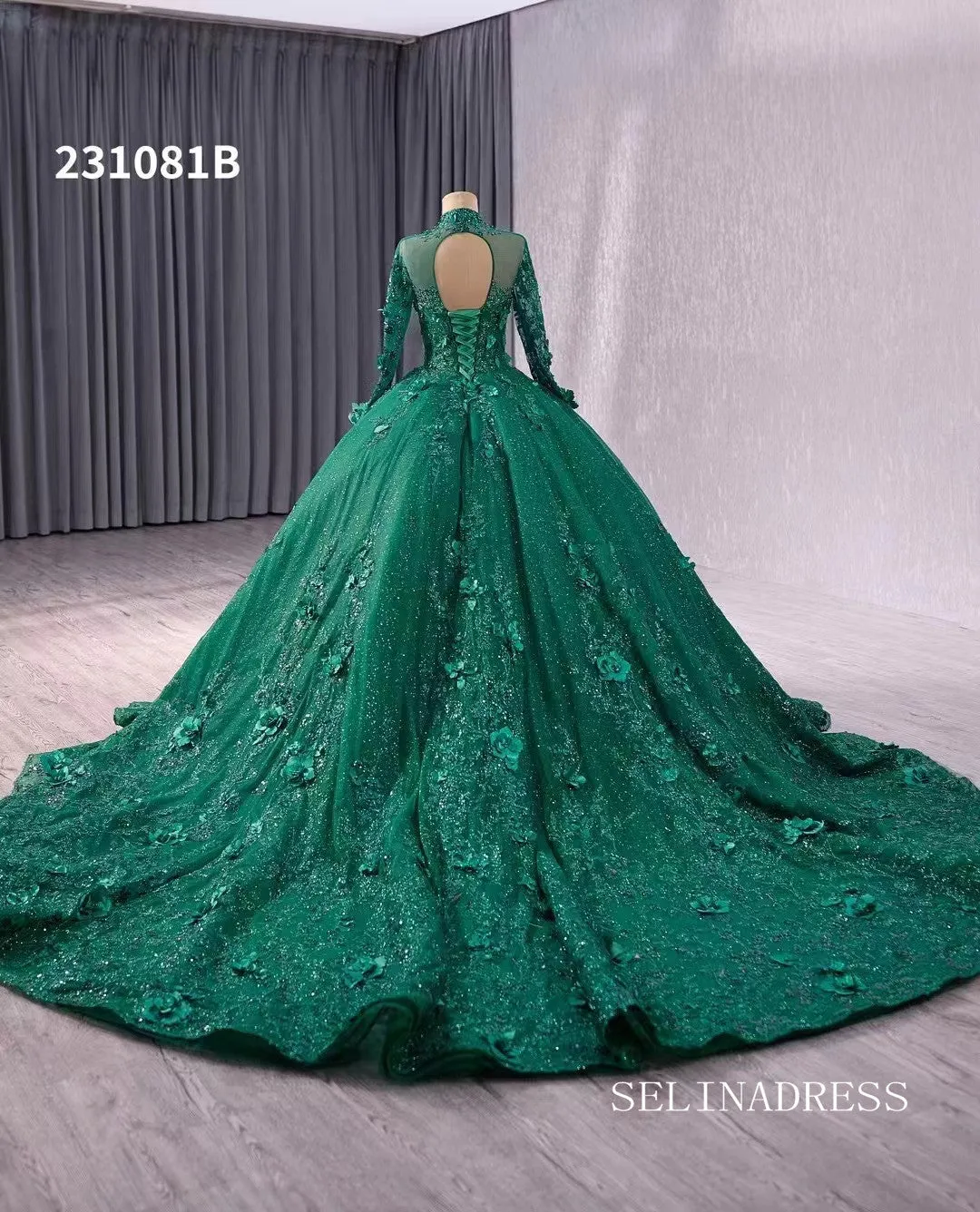 Dark Green High Neck Sparkly Tulle 3D Floral Lace Wedding Dresses Long Sleeve Quinceanera Dress 231081B