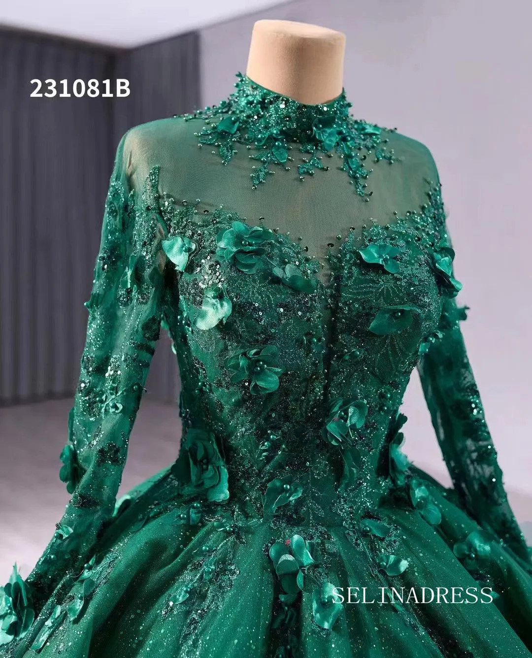 Dark Green High Neck Sparkly Tulle 3D Floral Lace Wedding Dresses Long Sleeve Quinceanera Dress 231081B