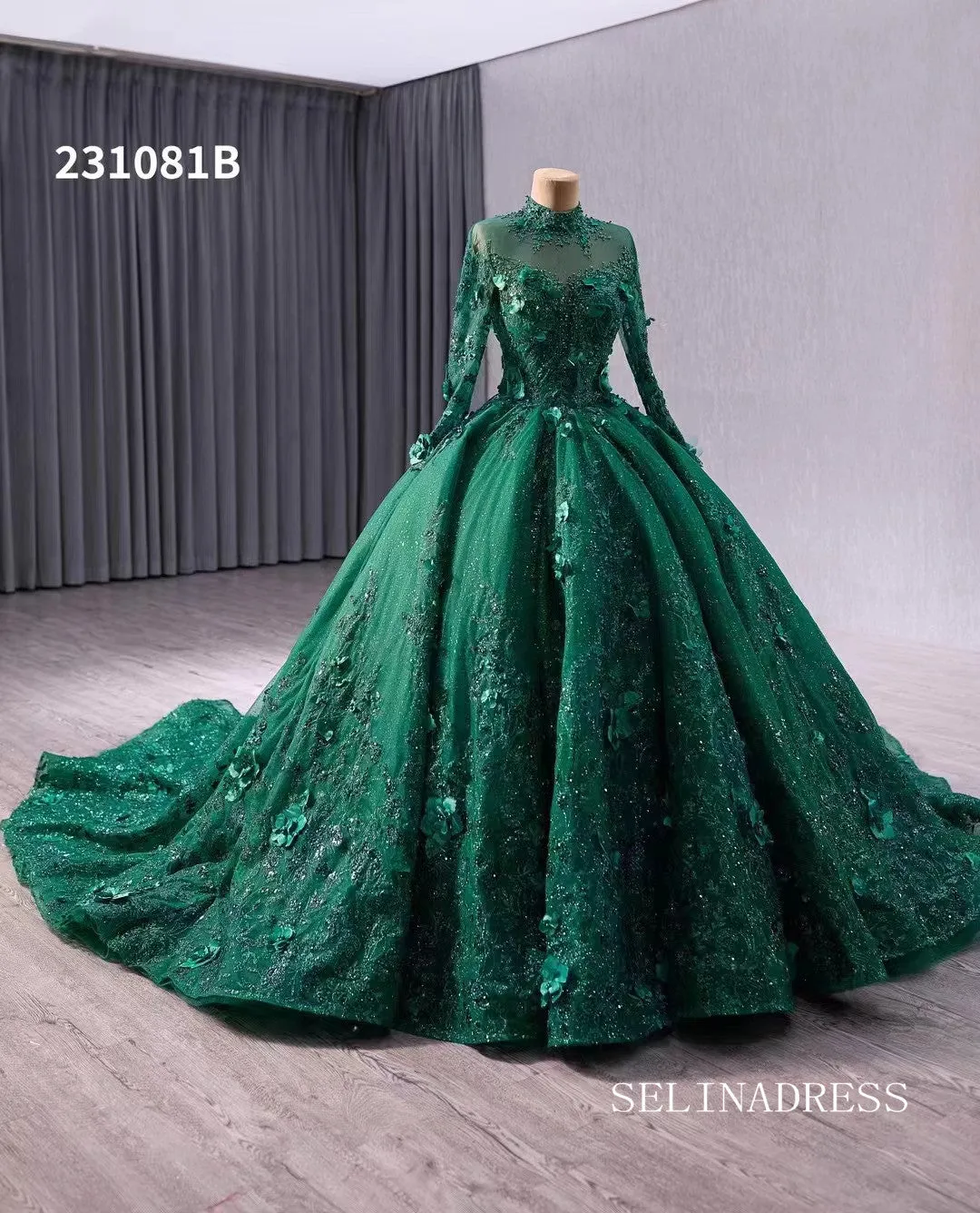 Dark Green High Neck Sparkly Tulle 3D Floral Lace Wedding Dresses Long Sleeve Quinceanera Dress 231081B