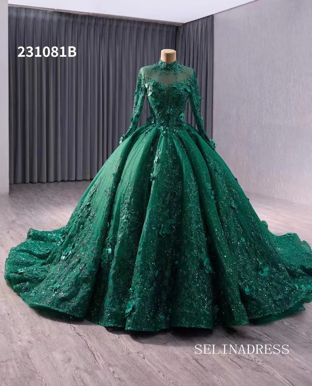 Dark Green High Neck Sparkly Tulle 3D Floral Lace Wedding Dresses Long Sleeve Quinceanera Dress 231081B