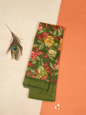 Dark Green Linen Cotton Saree With Floral Motifs On the Body with Matching Border