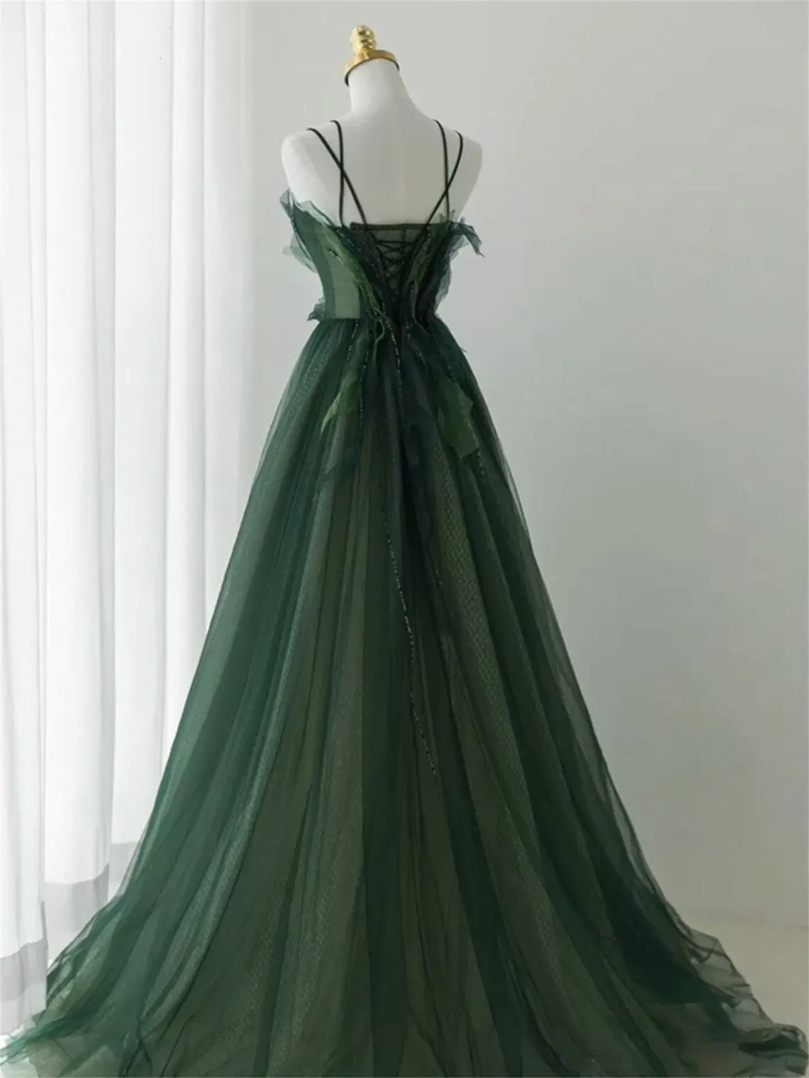 Dark Green Long Beaded A-line Evening Dress Party Dress Green Prom Dress