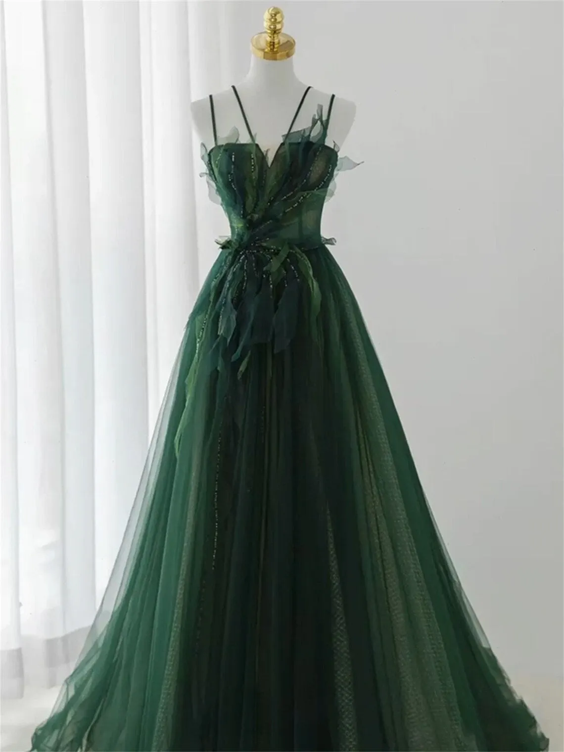 Dark Green Long Beaded A-line Evening Dress Party Dress Green Prom Dress