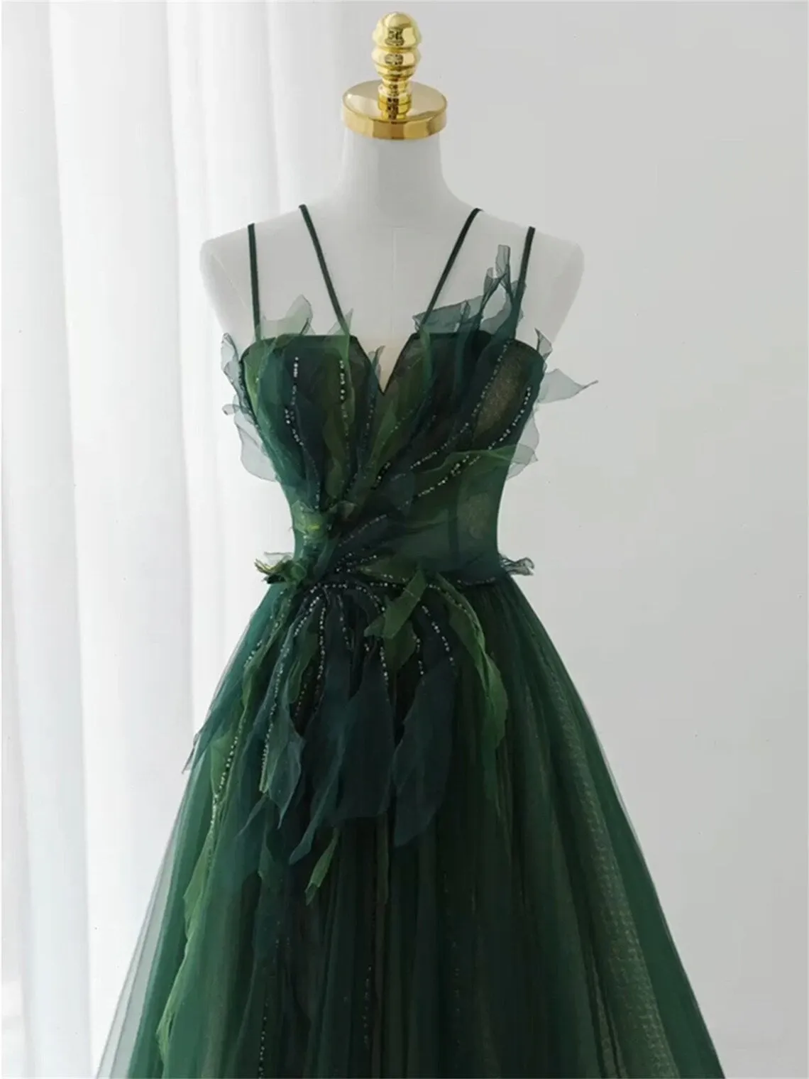 Dark Green Long Beaded A-line Evening Dress Party Dress Green Prom Dress