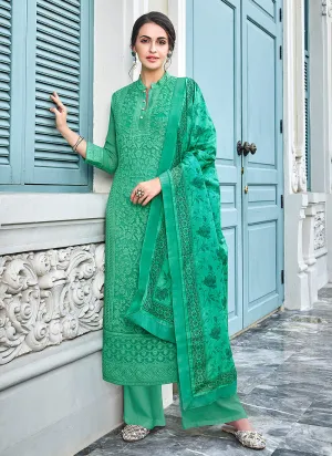 Dark Green Lucknowi Embroidered Pants Suit