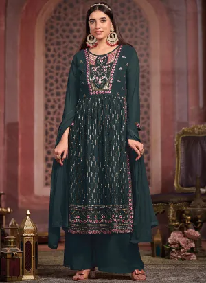 Dark Green Multi Embroidered Traditional High Slit Palazzo Suit