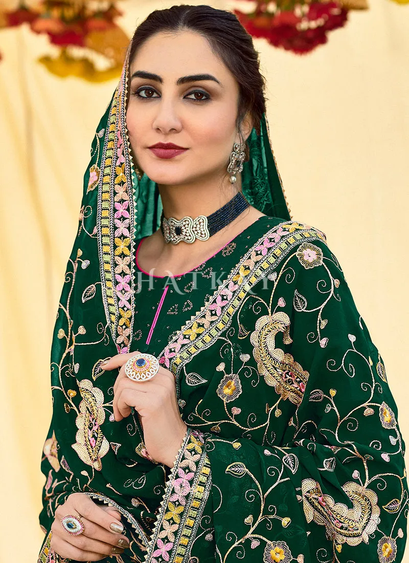 Dark Green Multi Embroidery Traditional Pant Suit