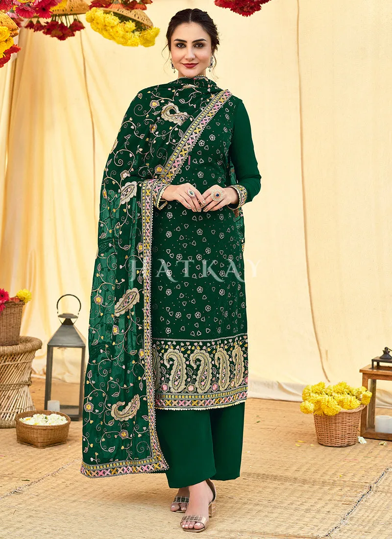 Dark Green Multi Embroidery Traditional Pant Suit