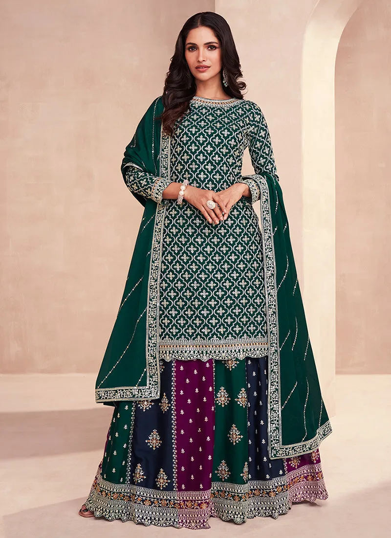 Dark Green Multi Embroidery Wedding Lehenga Kurti