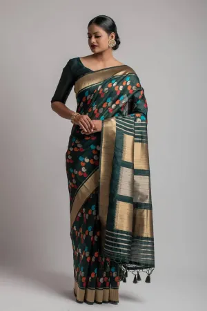 Dark Green Paisley Kadampalli Tussar Silk  Saree