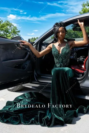 Dark Green Rhinestones Velvet Trumpet Prom Dress