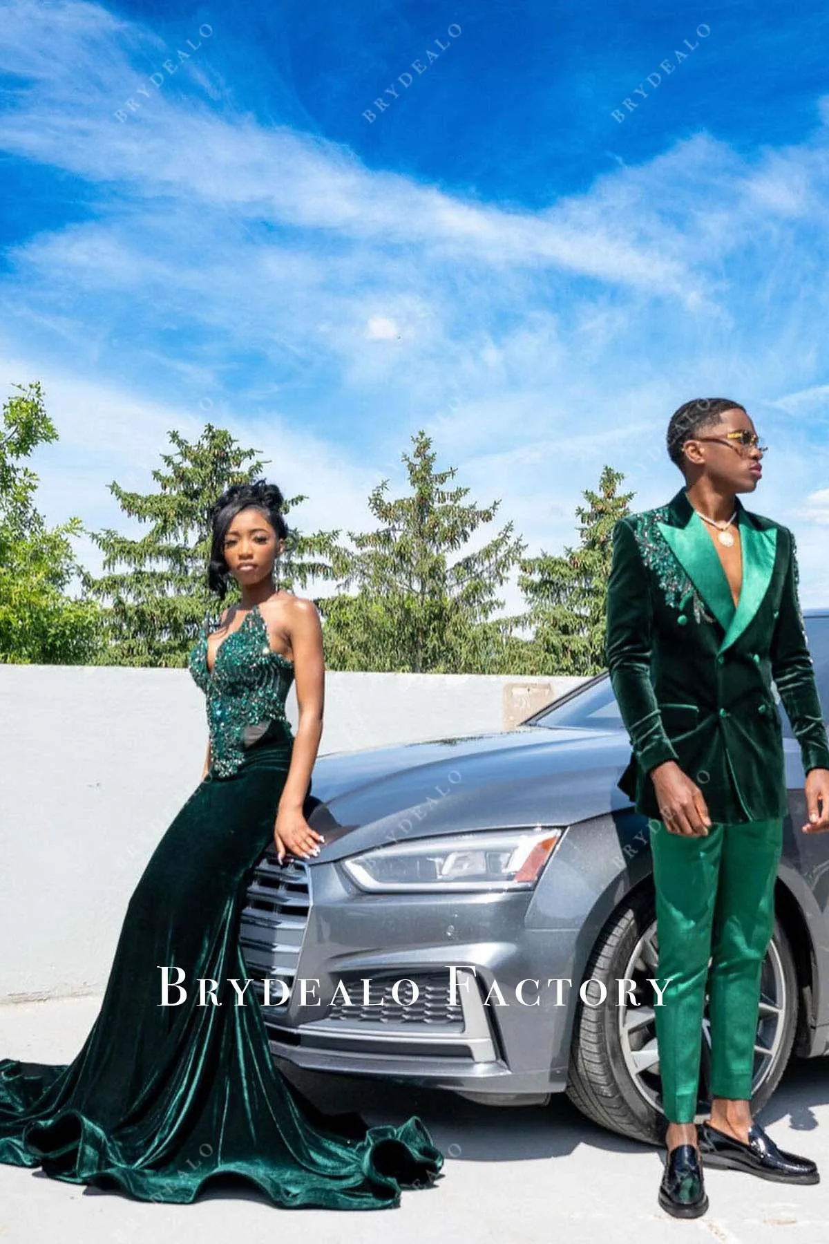 Dark Green Rhinestones Velvet Trumpet Prom Dress