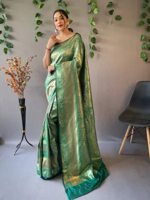 Dark Green Saree in Kanjeevaram Silk Self Peacock Woven