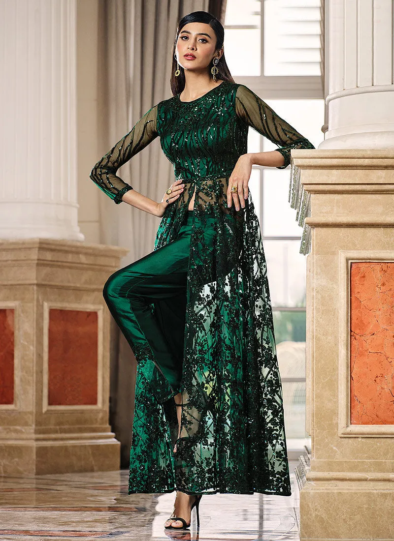 Dark Green Sequence Embroidered Designer Anarkali Lehenga/Pant Suit