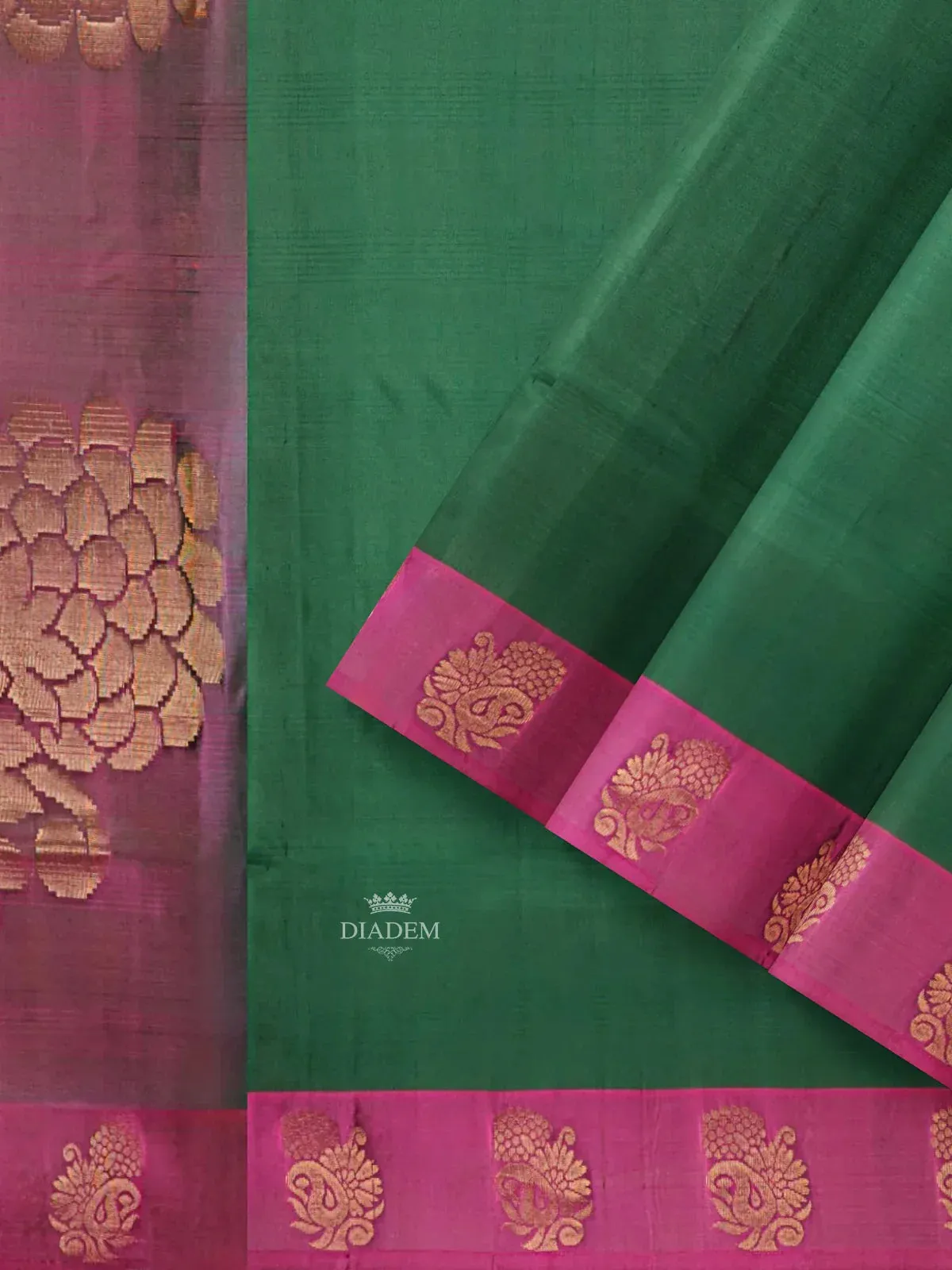 Dark Green Silk Saree with Plain body and Contrast Zari Border