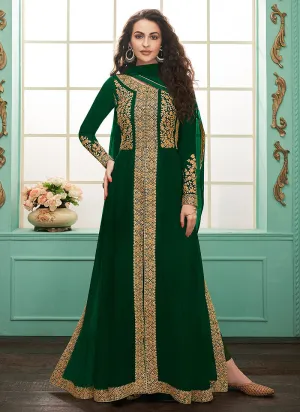 Dark Green Slit Style Embroidered Anarkali Suit