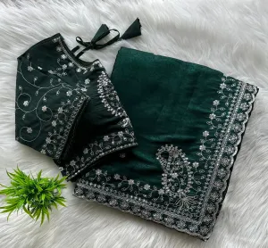 Dark Green Soft Silk Saree with Elegant Rubber Weaving & Heavy Embroidery Work