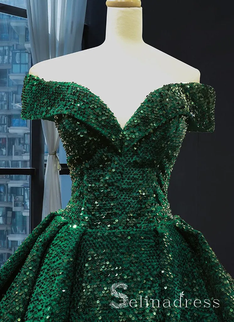 Dark Green Sparkly Prom Dresses Ball Gown Sequins Quinceanera Long Formal Evening Gowns SED067