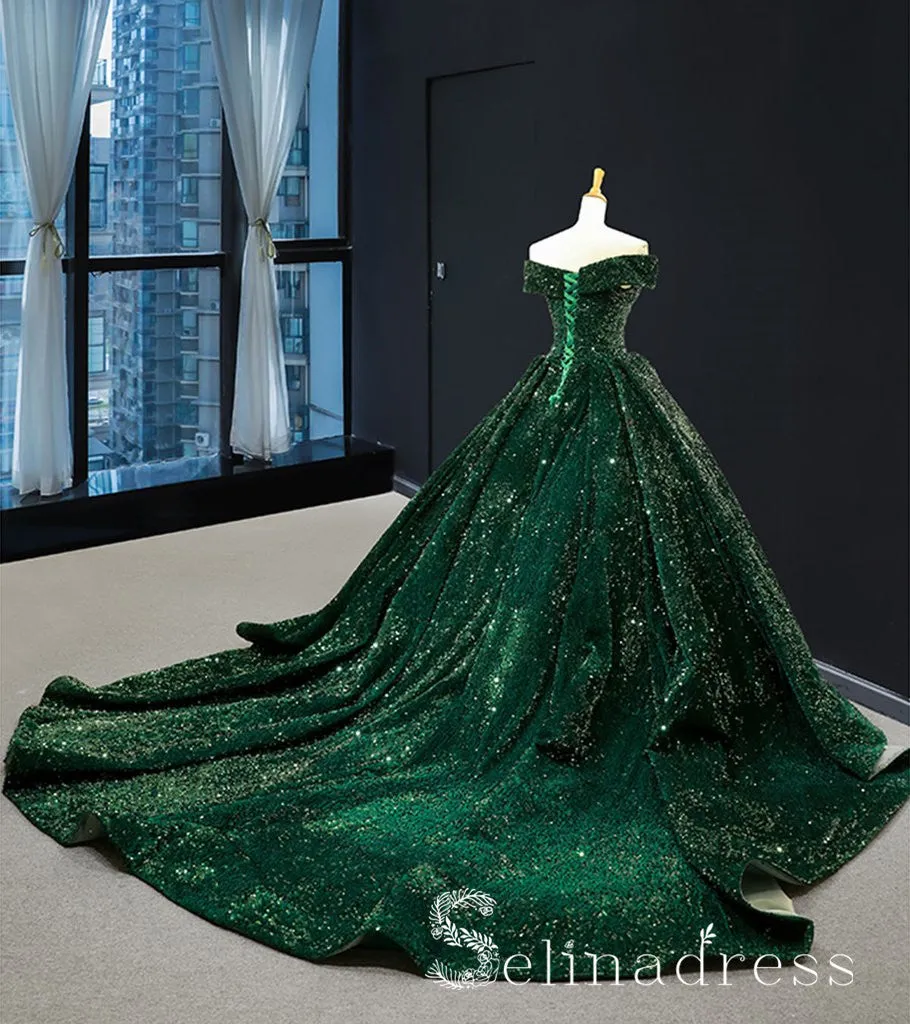 Dark Green Sparkly Prom Dresses Ball Gown Sequins Quinceanera Long Formal Evening Gowns SED067