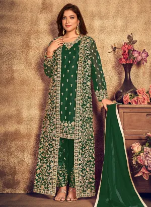 Dark Green Traditional Embroidered Jacket Style Pant Suit