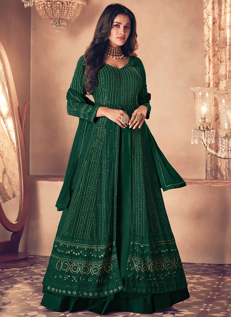 Dark Green Traditional Sequence Embroidered Wedding Anarkali Lehenga