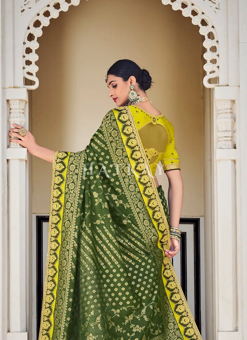 Dark Green Traditional Weaved Party Wear Silk Saree