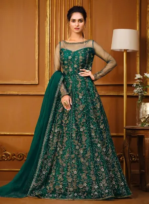 Dark Green Zari Embroidered Slit Style Anarkali Pant Suit