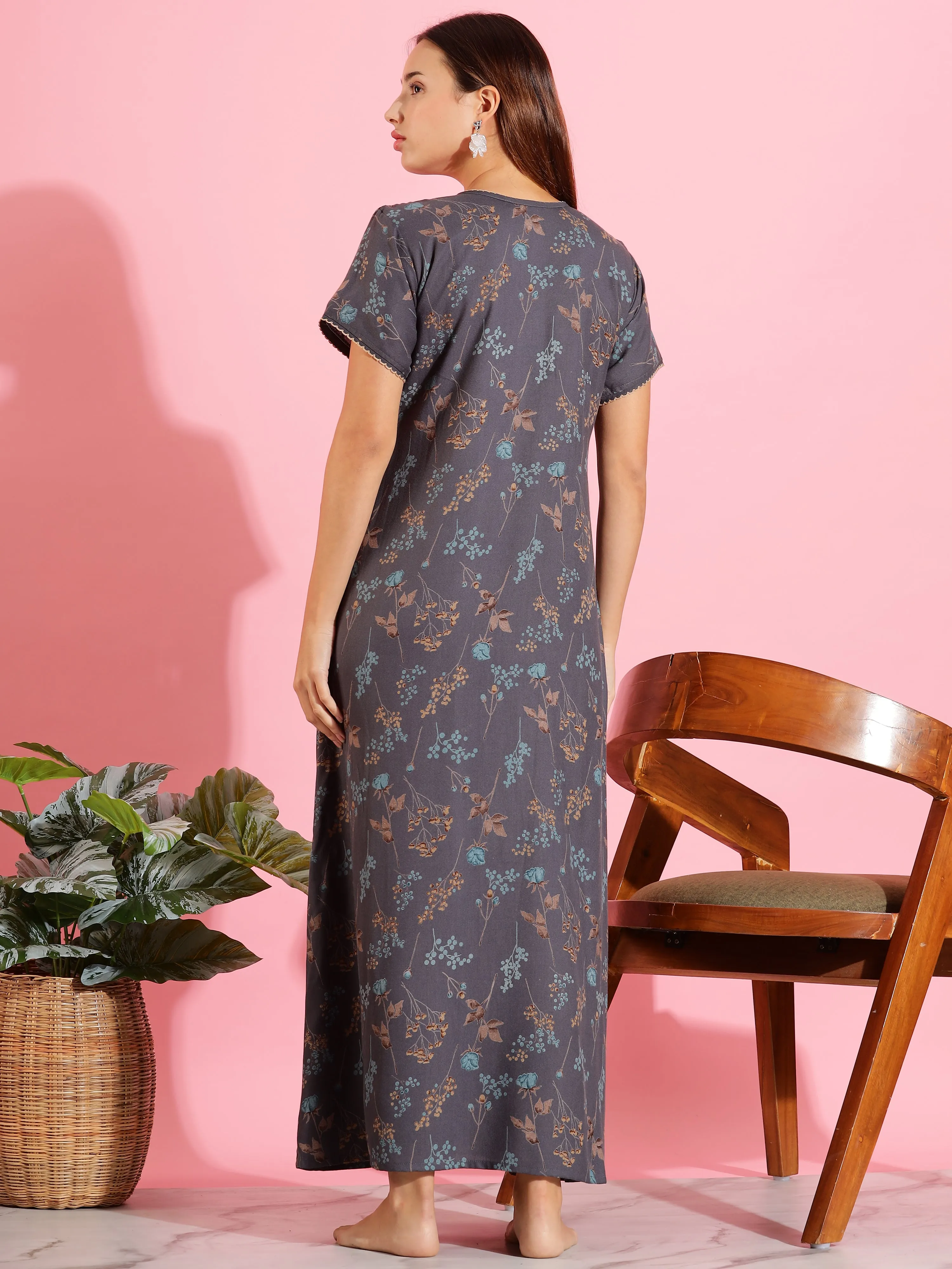 Dark Grey Alpine Pleated Nighty with Smoky Floral Design