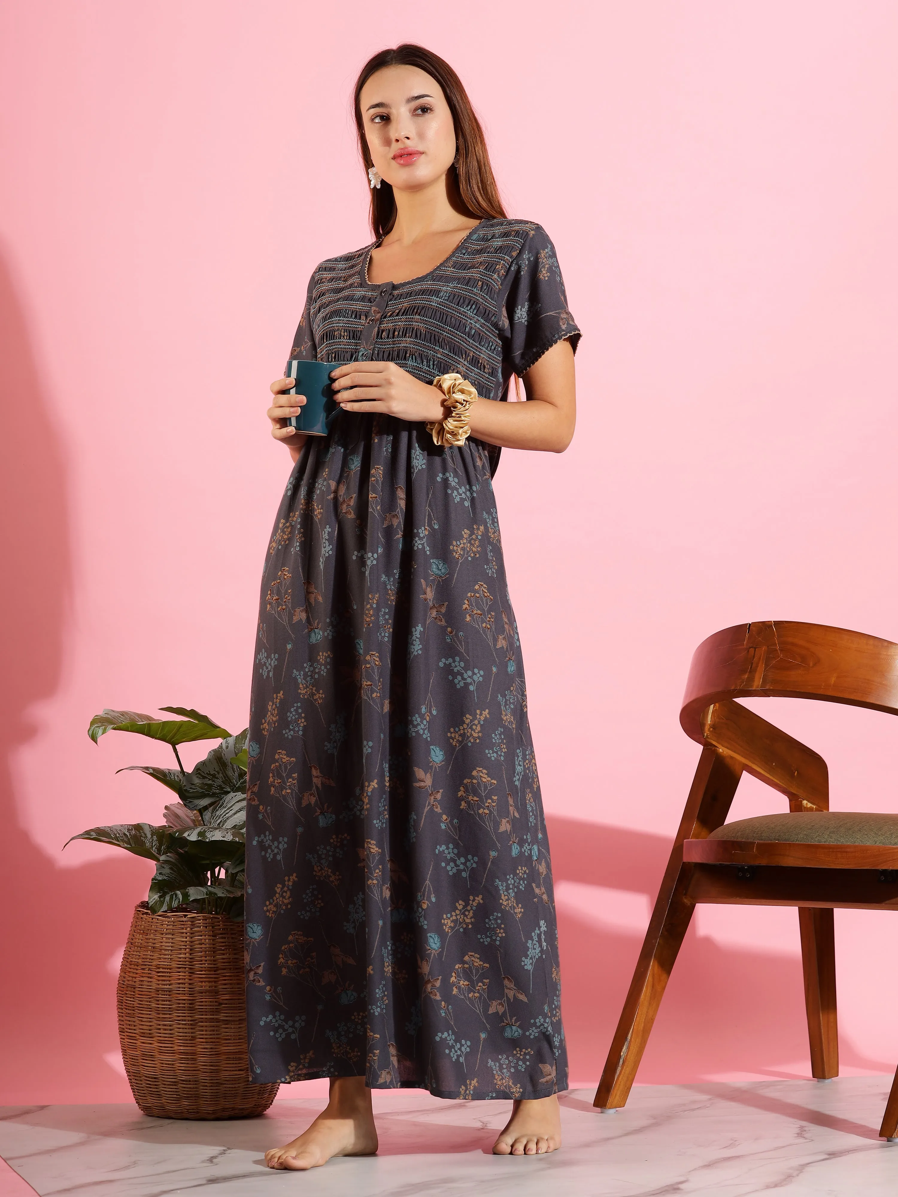 Dark Grey Alpine Pleated Nighty with Smoky Floral Design