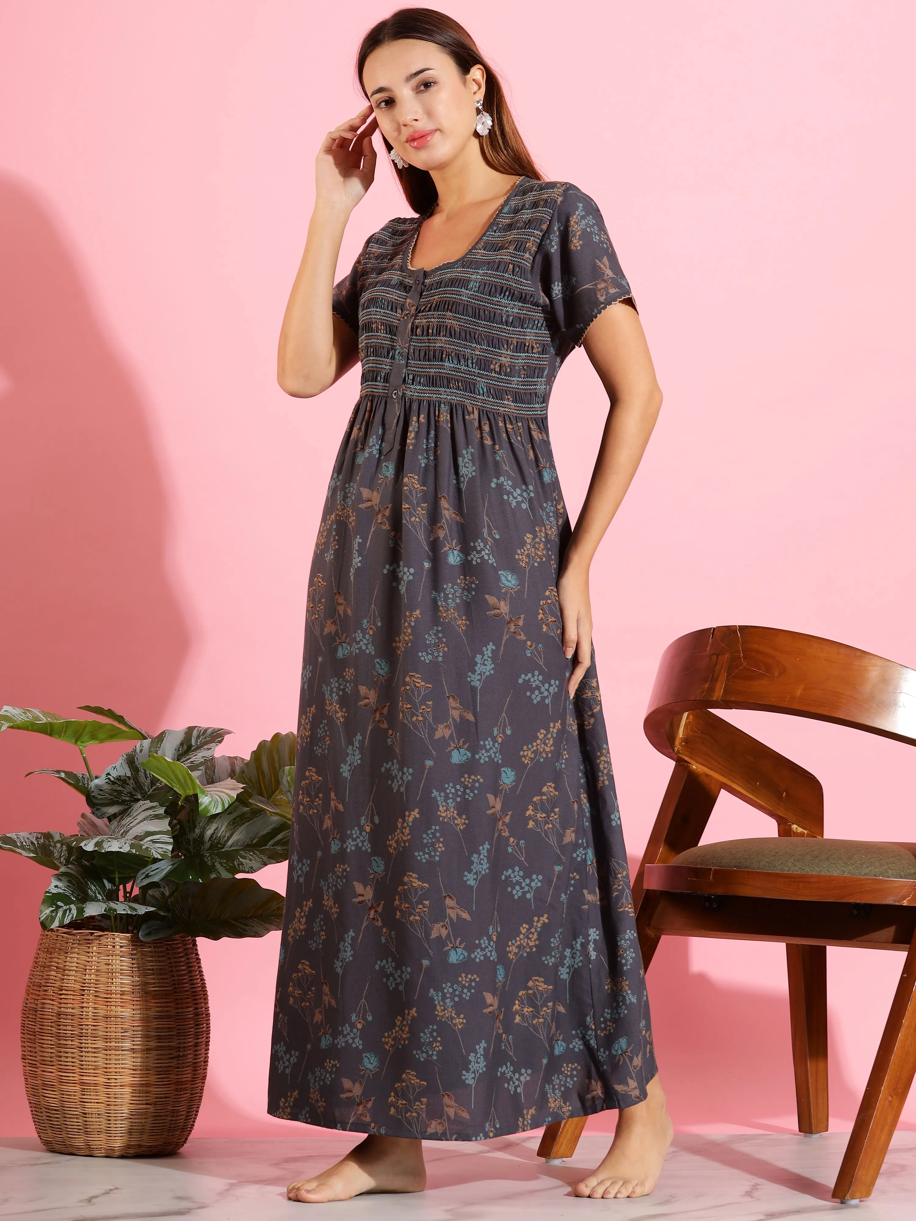 Dark Grey Alpine Pleated Nighty with Smoky Floral Design