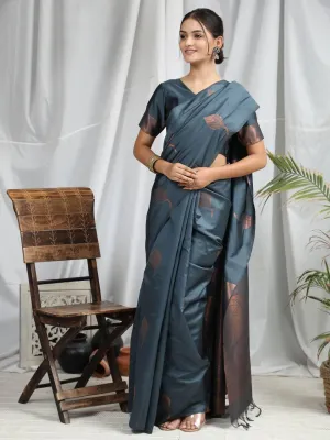 Dark Grey Leaf Soft Silk  Saree