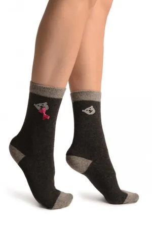 Dark Grey With Cute Bear & Satin Bow Angora Ankle High Socks