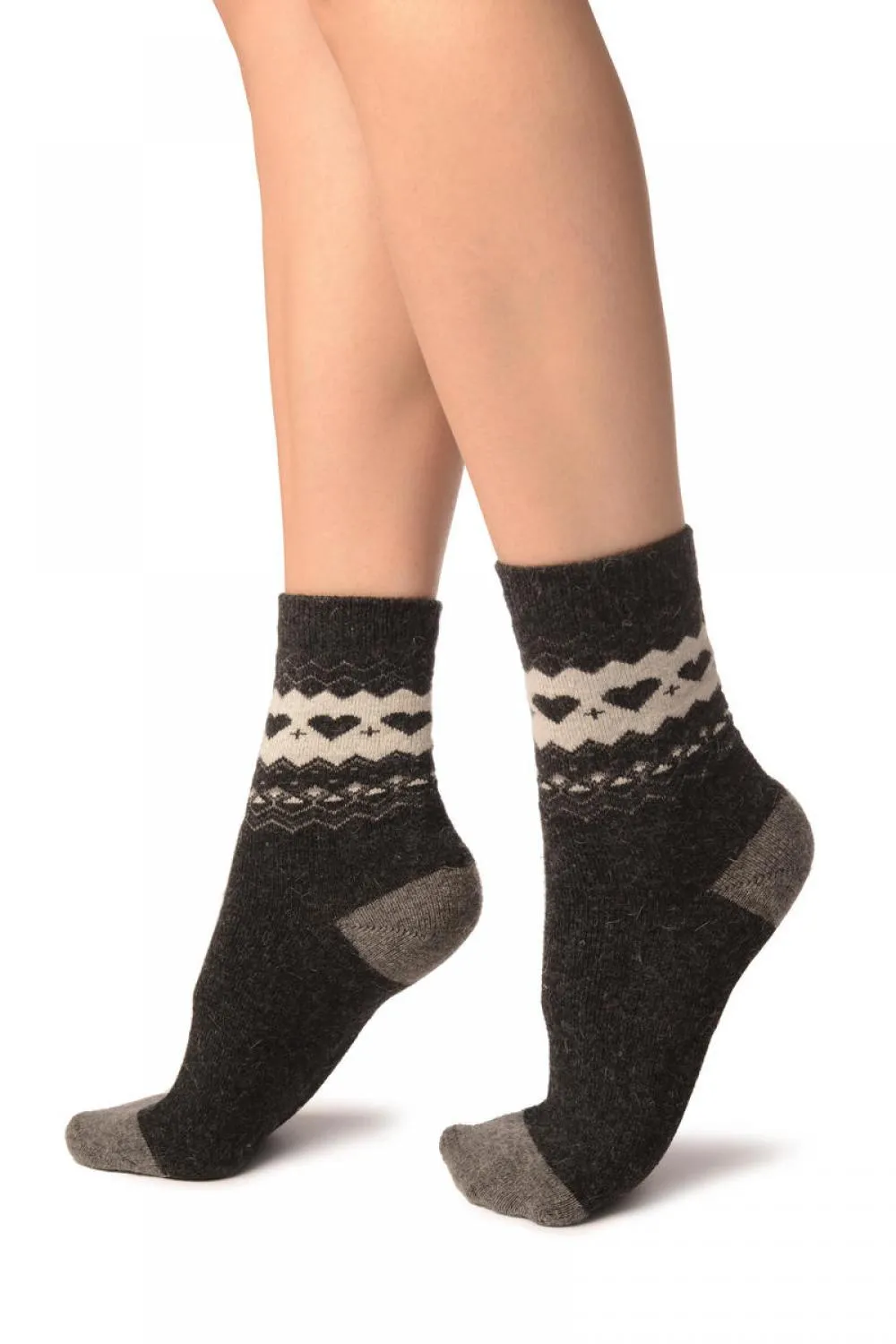 Dark Grey With Hearts & Dark Grey Angora Ankle High Socks