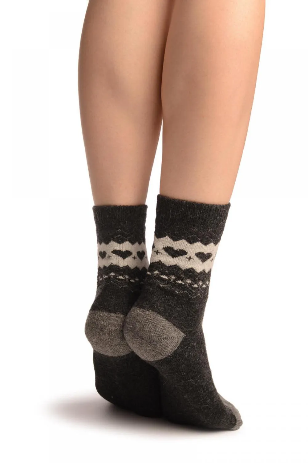 Dark Grey With Hearts & Dark Grey Angora Ankle High Socks