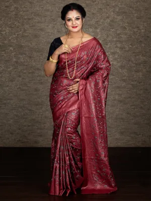 Dark Maroon Allover Embroidered Tussar Silk Saree