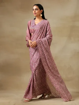 Dark Mauve Bandhani Printed Silk Pre-Pleat Stitched Saree