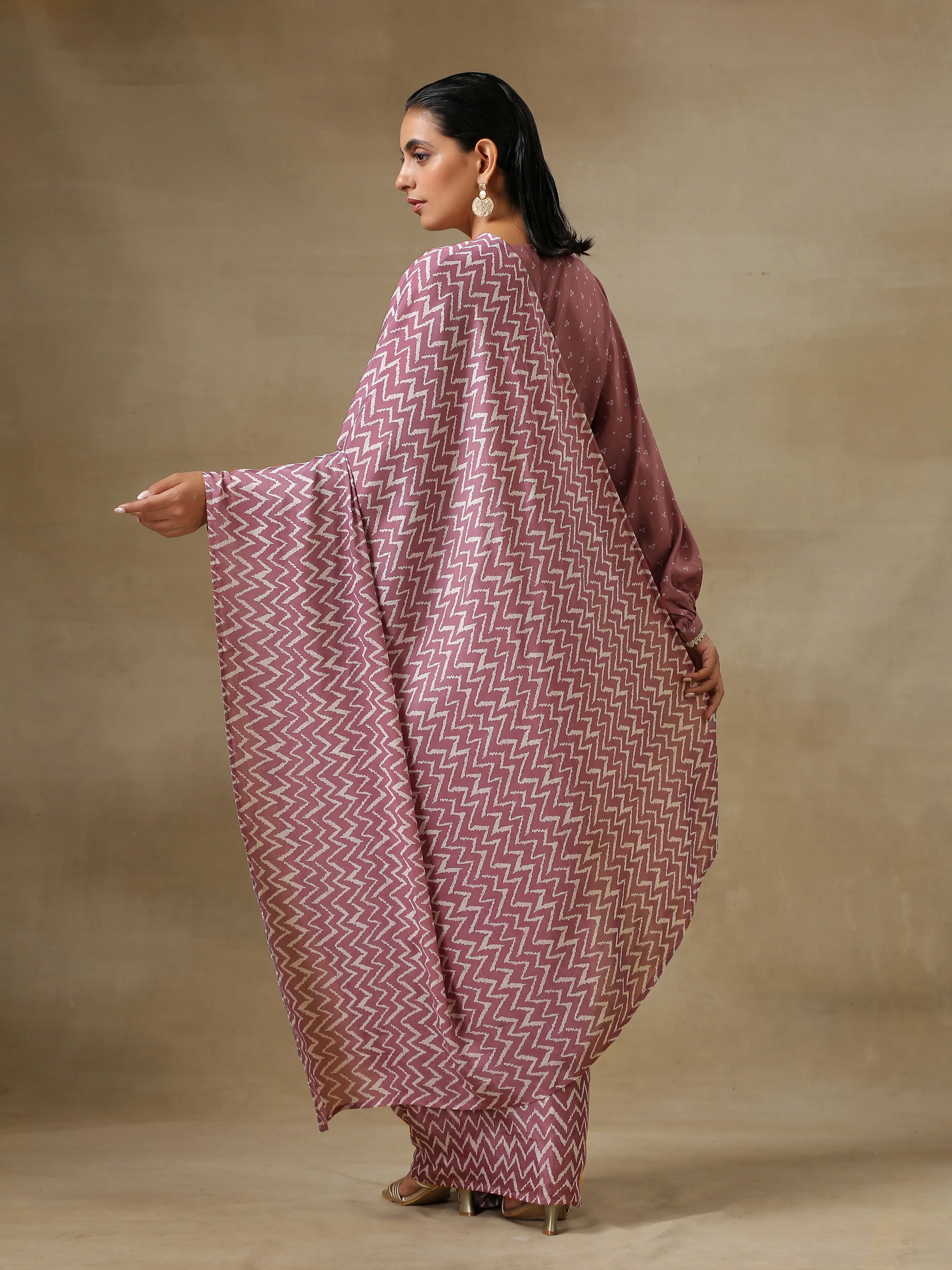 Dark Mauve Bandhani Printed Silk Pre-Pleat Stitched Saree