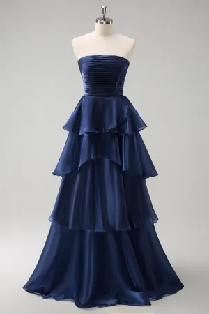 Dark Navy A Line Strapless Tiered Satin Long Bridesmaid Dress