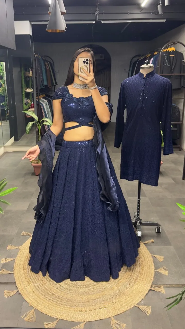 Dark Navy Blue Cinderella Sequence Full Stitched Georgette Lehenga Choli With Men Kurta Combo