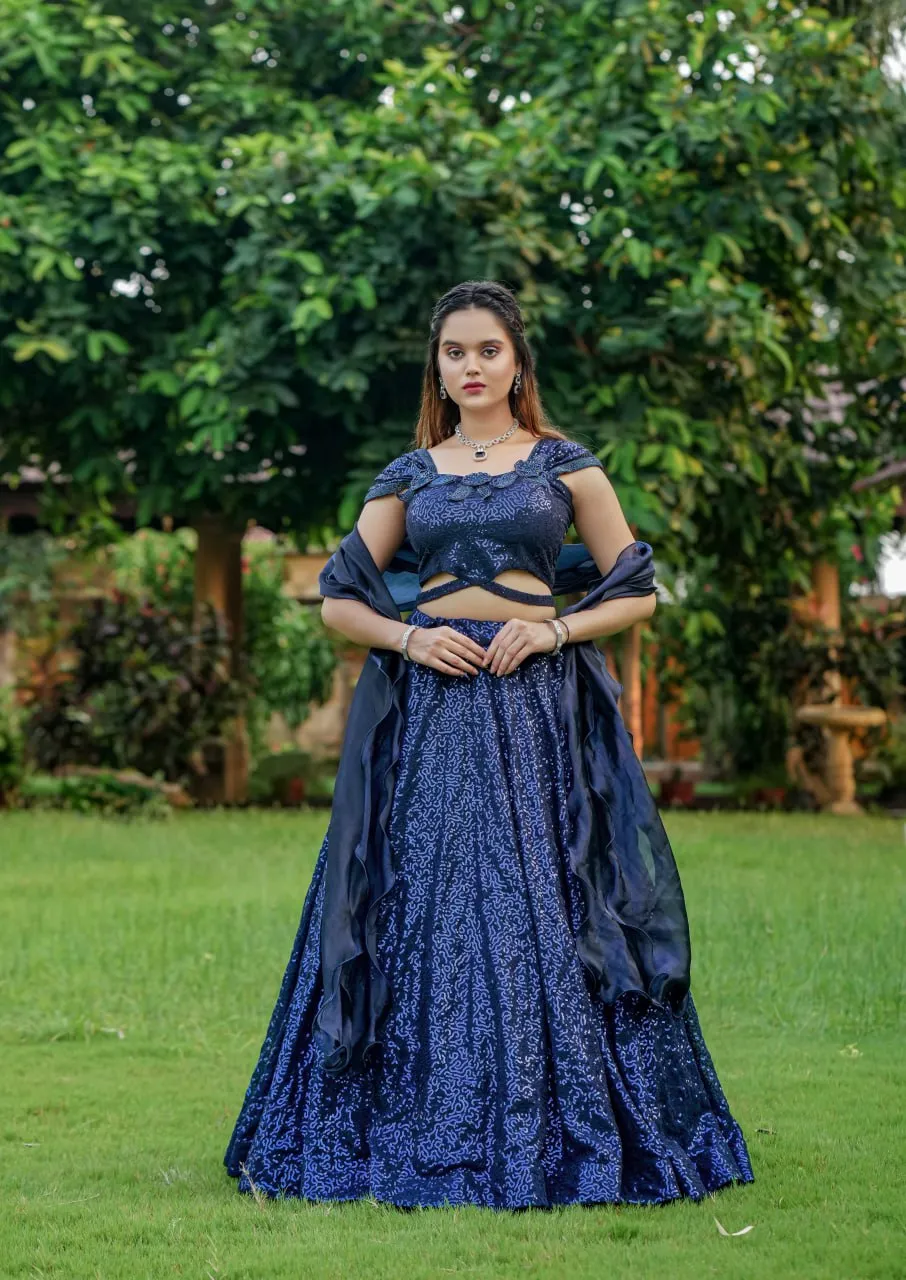 Dark Navy Blue Cinderella Sequence Full Stitched Georgette Lehenga Choli With Men Kurta Combo