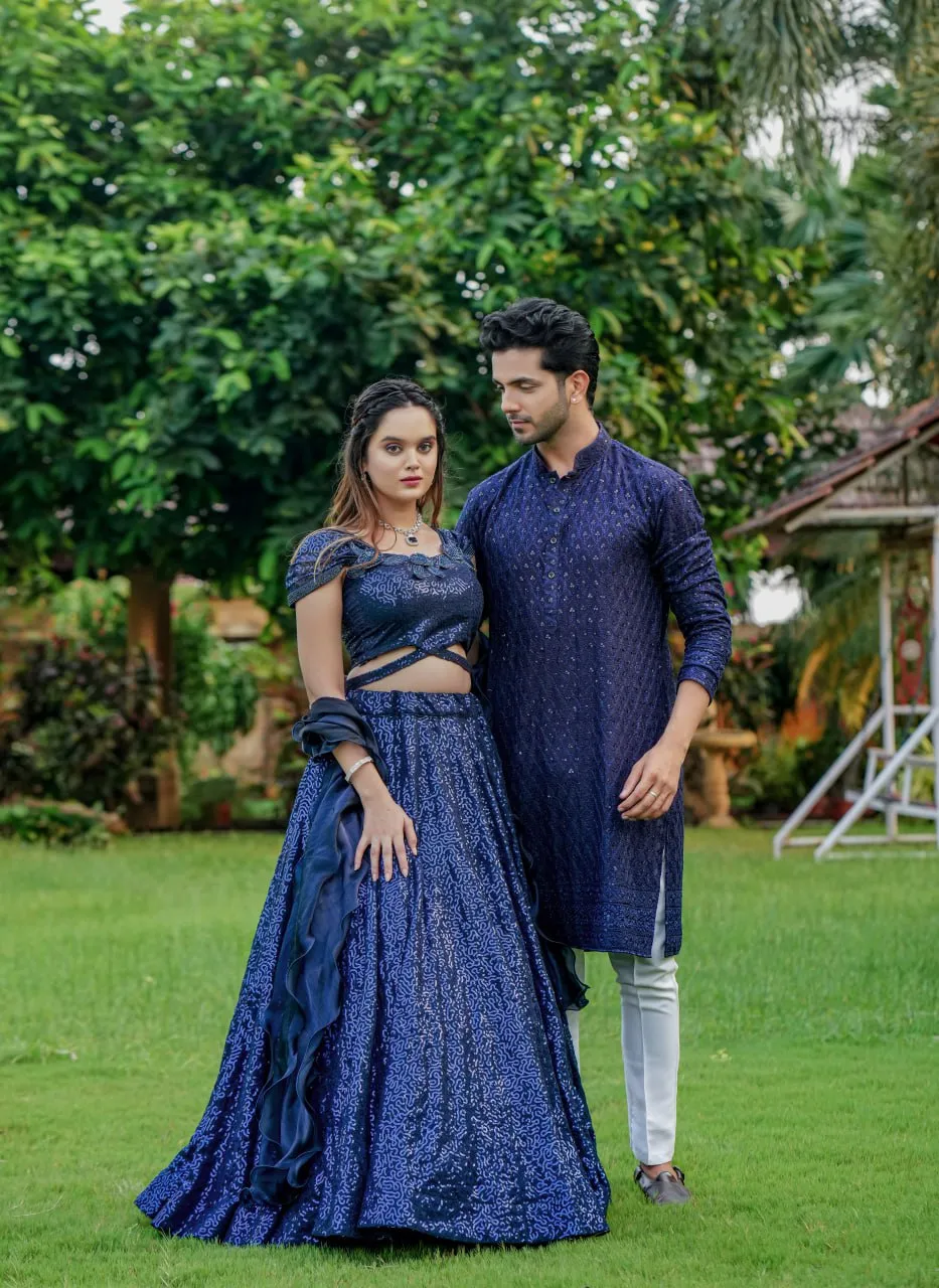 Dark Navy Blue Cinderella Sequence Full Stitched Georgette Lehenga Choli With Men Kurta Combo