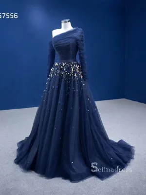 Dark Navy One Shoulder Long Sleeve Beaded Prom Dresses Tulle Evening Dress RSM67556