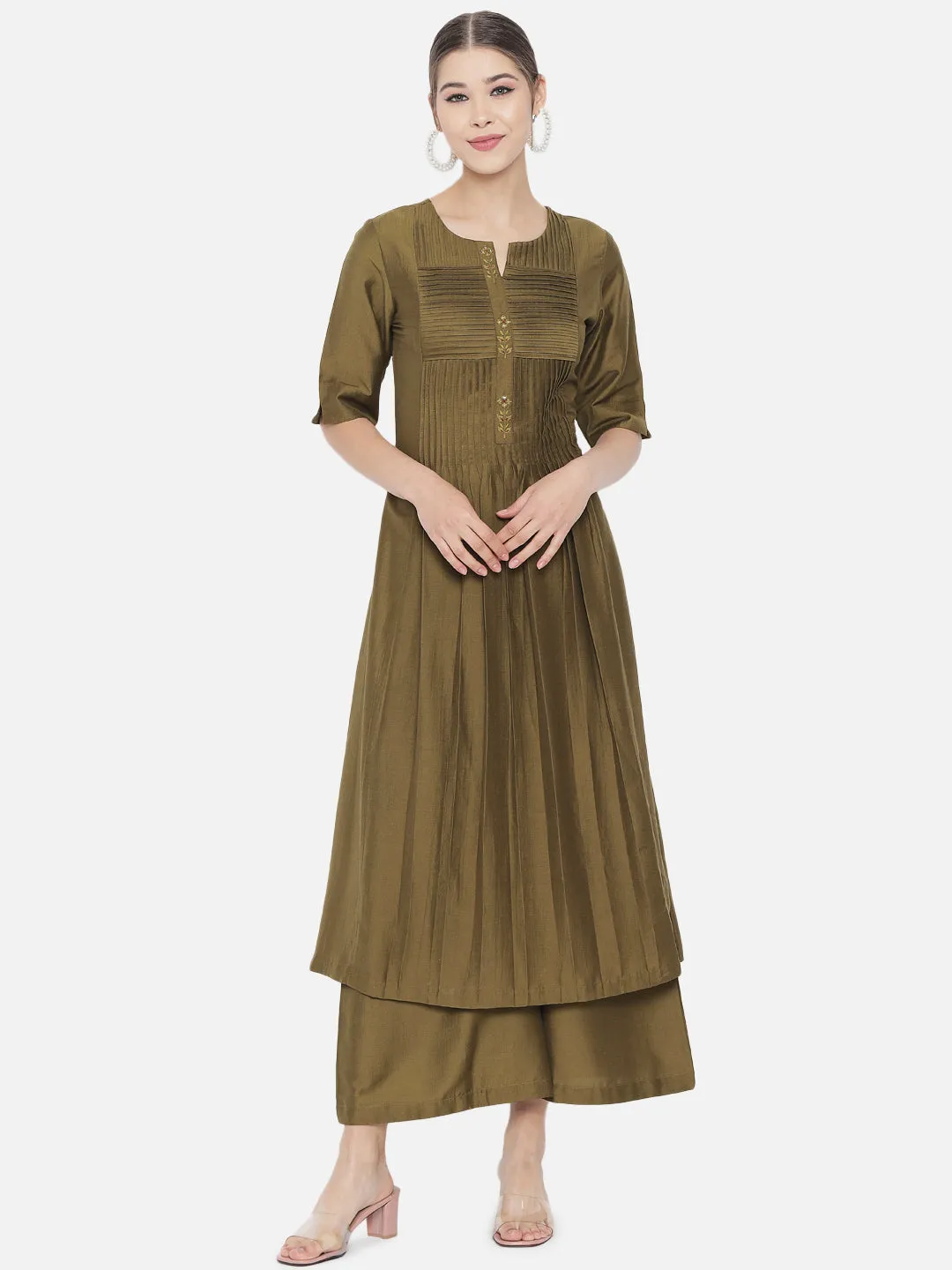 Dark Olive Silk Blend Solid Empire Kurta Set